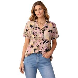 Maeve by Anthropologie 100% Linen Pink Yellow Safari Button Up Shirt Small